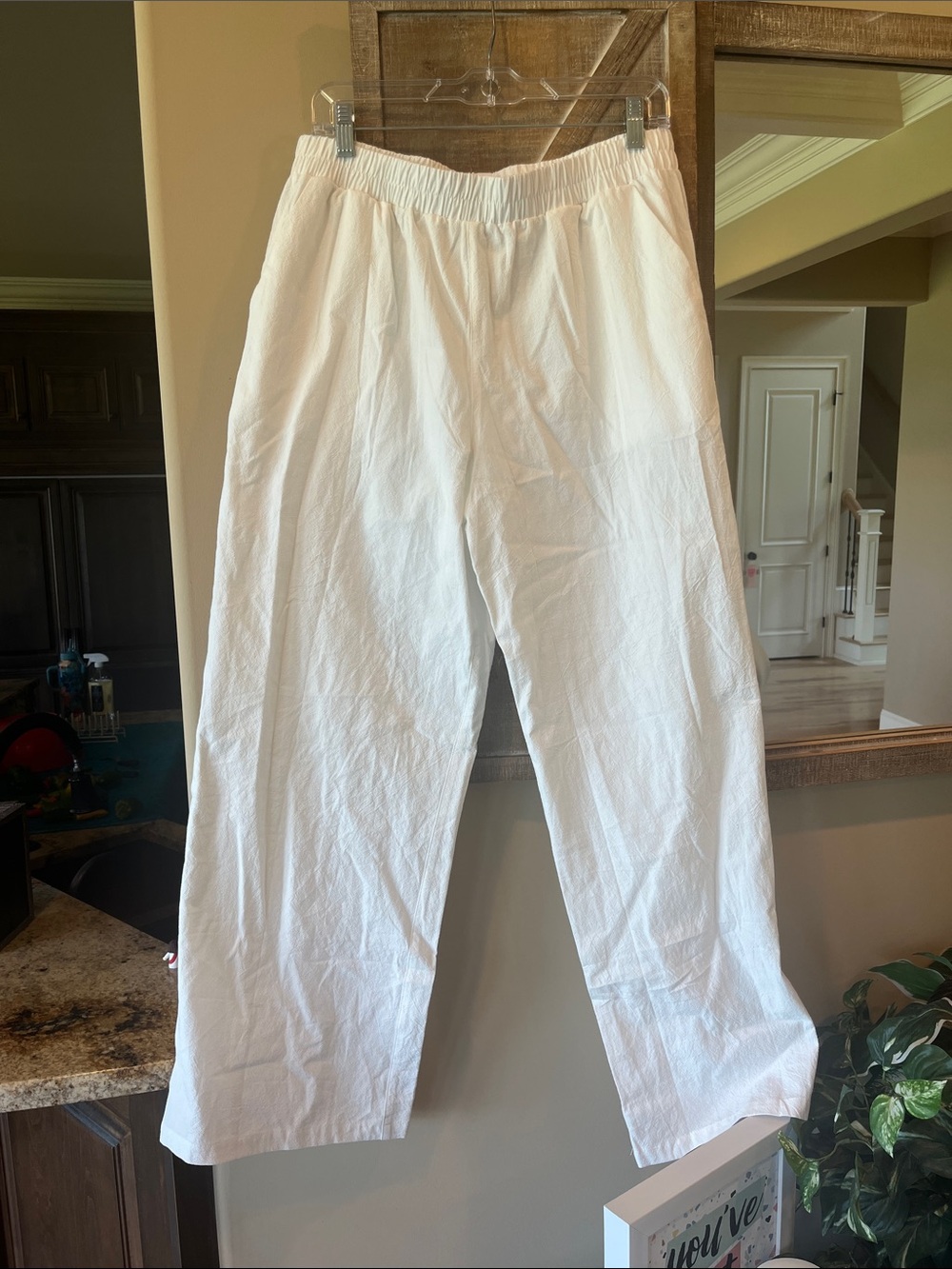 White Cotton Linen Elastic Waist Pull on Pants Women’s Large New